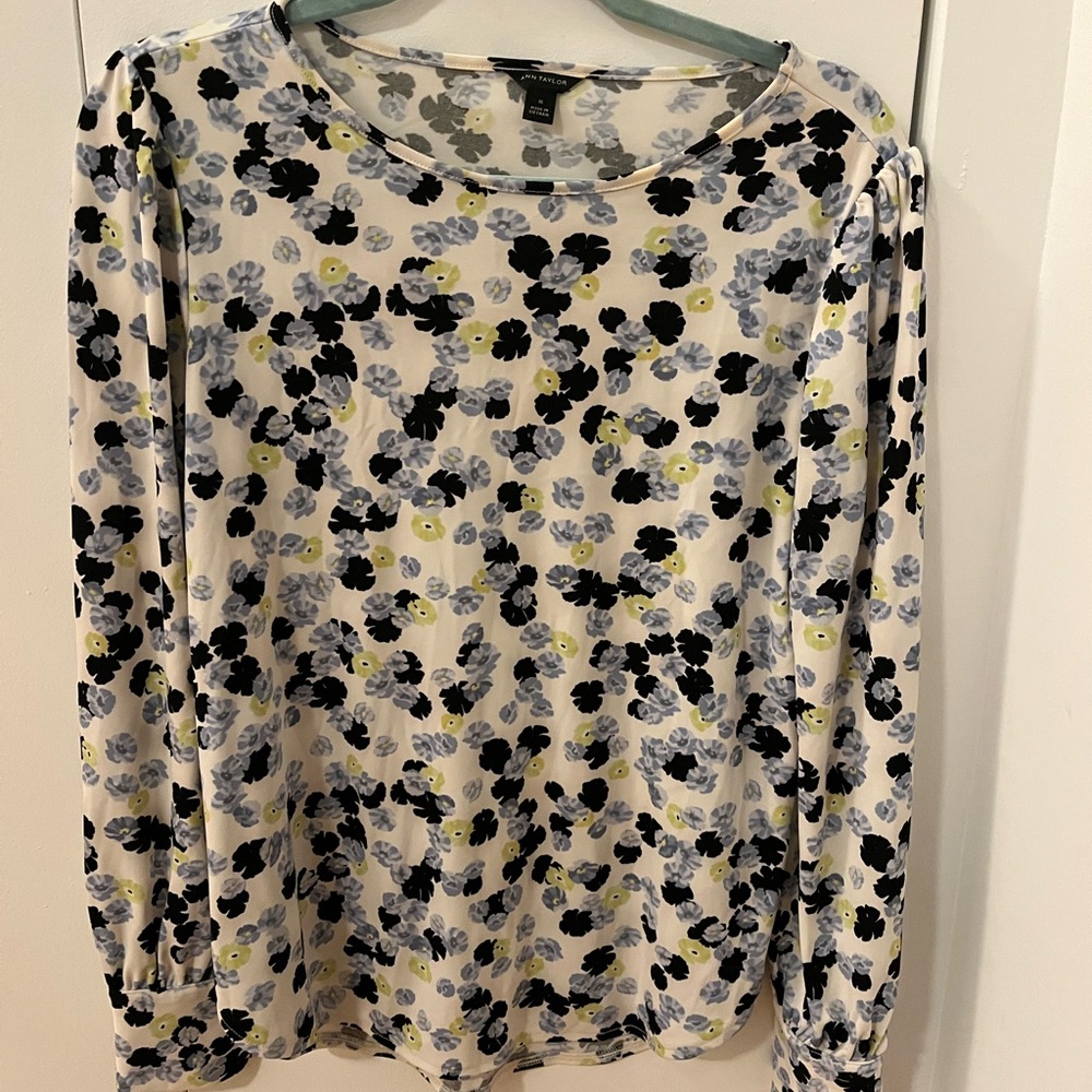 Ann Taylor Floral Long Sleeve Top - Black, Blue, Yellow